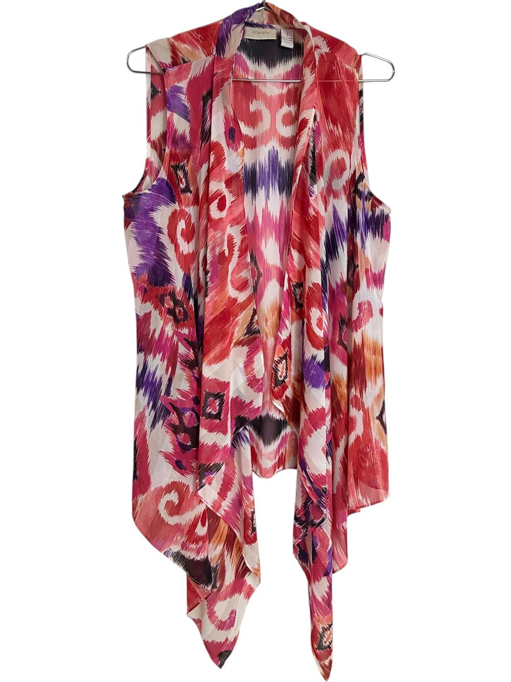 Chico's Vest Womens 1 Multicolor Chiffon Open Front Kimono Boho Handkerchief Hem